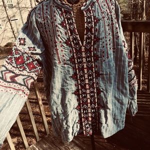 Johnny was Biya top. Lt denim color w strp. cottonmachine washable. Gently used.